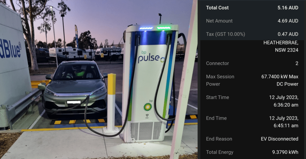 BYD Electric Vehicle fast charging at BP Heatherbrae