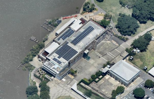 100kW Solar panel installation at Brisbane Powerhouse aerial imagery