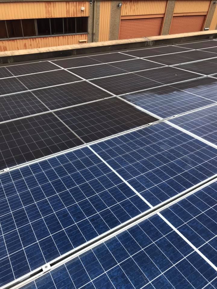 Before and after of dirty solar panels that have been cleaned