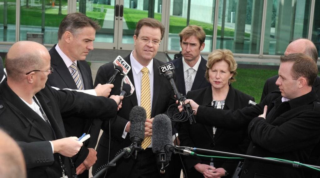 Rob Oakshott, Christine Milne, Tony Windsor, John Grimes and ?? have a press conference in the Senate Courtyard Parliament House, Canberra, Wednesday, 22nd June, 2011. Photo: Mark Graham.