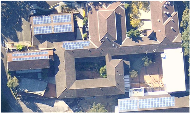 An aerial photo of Mount Saint Benedict's 100kW solar panel array