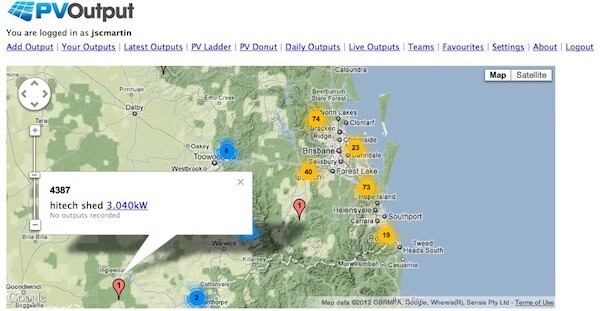 PVoutput Queensland solar PV system output map individual Red bubbles are individual systems. Click for further information.