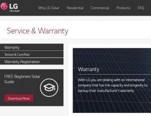 Screenshot of LG solar panel website warranty section