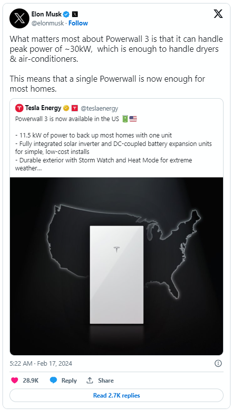 Tesla Powerwall 3 Elon Musk Retweet