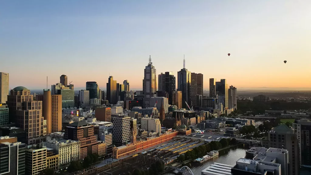 Melbourne city skyline from a drone